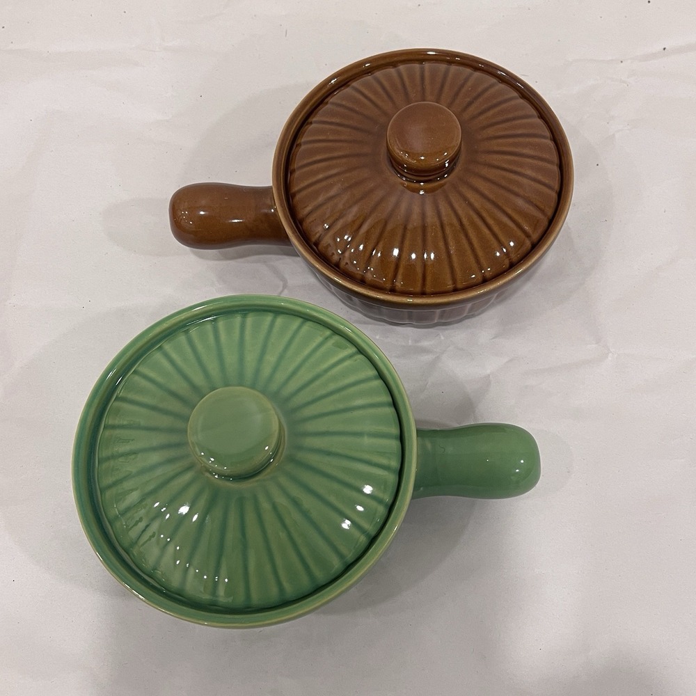 2 U.S.A. Pottery Soup Bowl‎ With Handle And Lid Over And Back Yellow Ware